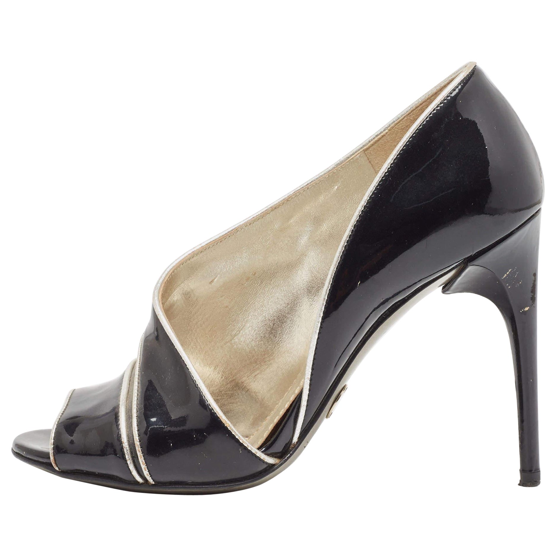 Dolce & Gabbana Black/Silver Patent and Leather Cut Out Peep Toe Pumps Size 37.5 For Sale