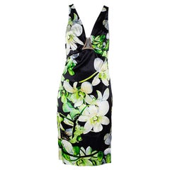 Roberto Cavalli Black Floral Printed Silk Satin Plunging Neck Dress M
