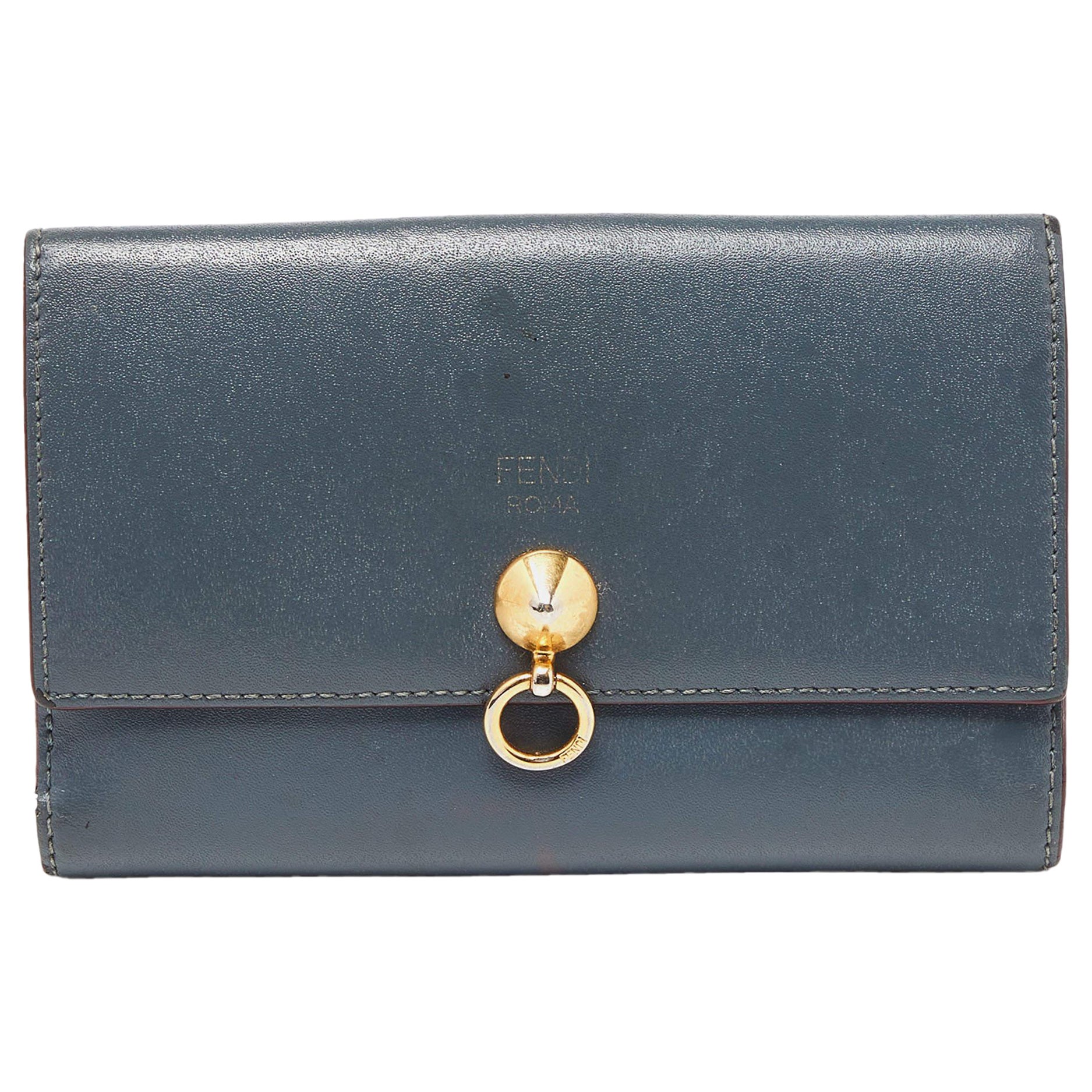 Fendi Grey Leather Trifold Compact Wallet For Sale