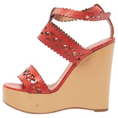 Chloe Red Laser Cut Leather Wedge Platform Ankle Strap Sandals Size 37.5
