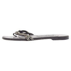 Gina Black Leather Crystal Embellished Flat Slides Size 37