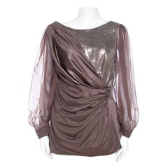 Tadashi Shoji Top de punto elástico con incrustaciones de lentejuelas y mangas drapeadas M