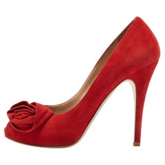 Valentino Red Suede Rose Peep Toe Pumps Taglia 39.5