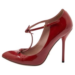 Gucci Red Patent Leather Knotted Bow T-Strap Pumps Size 36