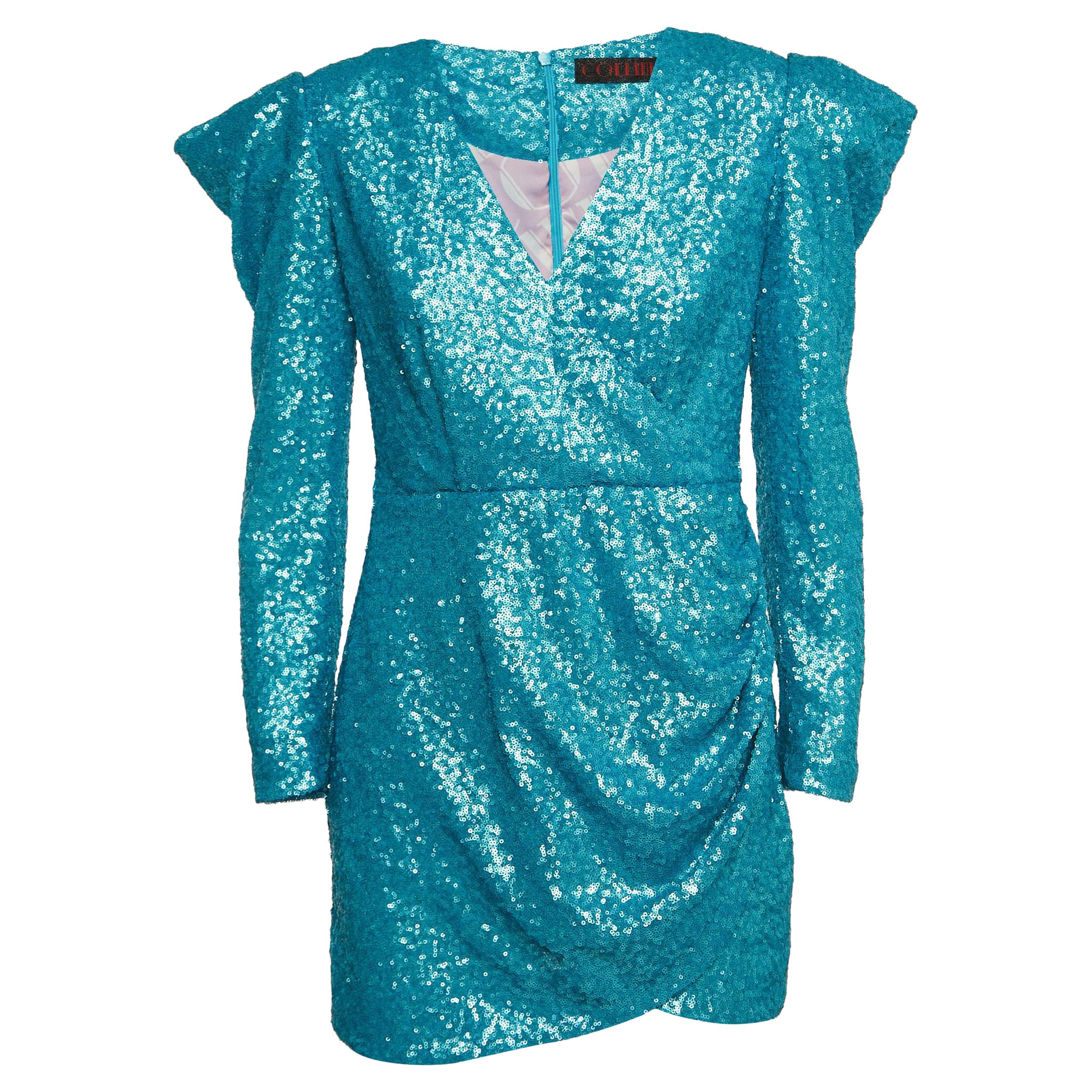 Collini Blue Sequin Draped Long Sleeve Mini Dress S For Sale