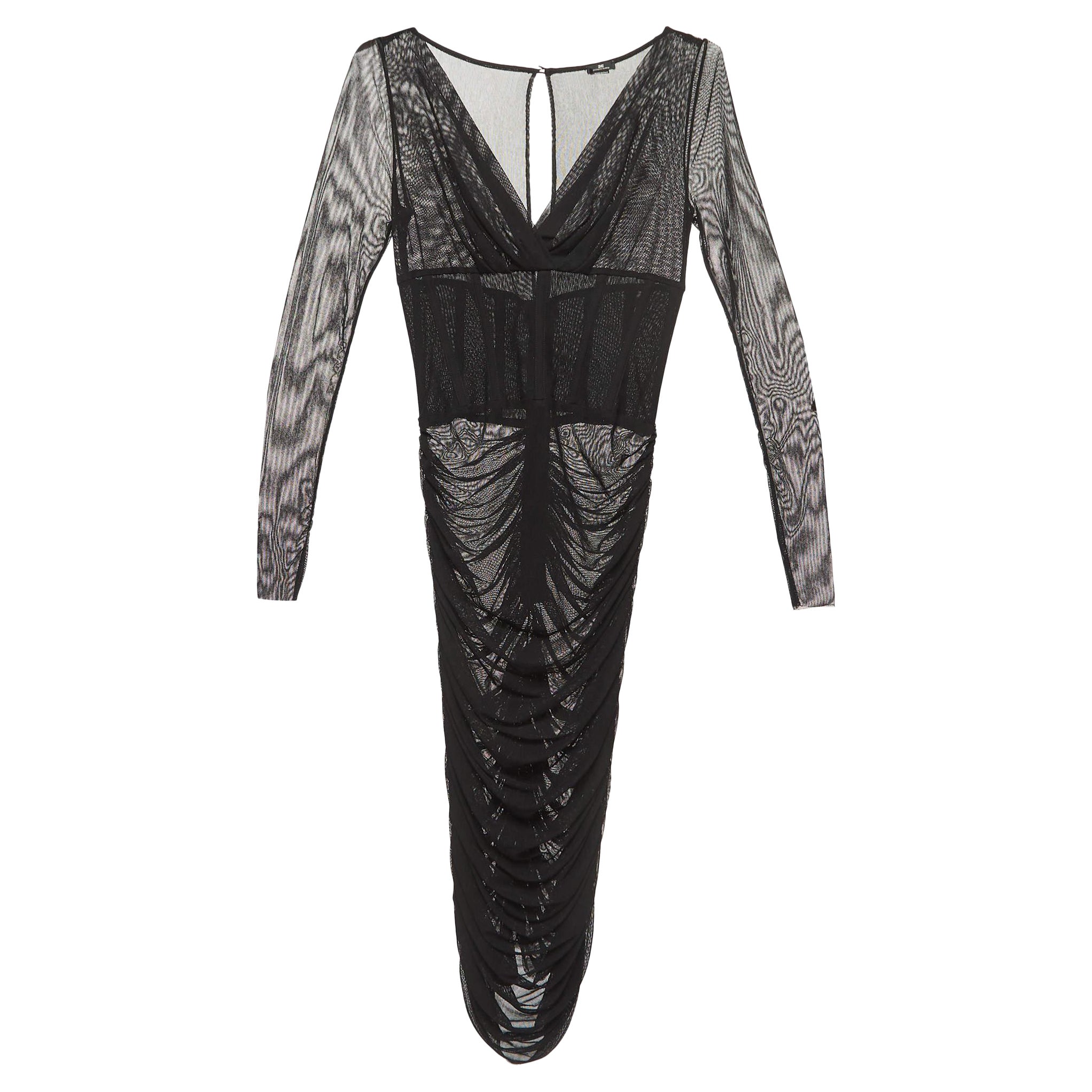 Elisabetta Franchi Black Ruched Mesh Midi Dress M For Sale