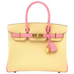 Rare Brand New Hermès Birkin 30 Epsom Bicolor Jaune Poussin And Rose Confetti