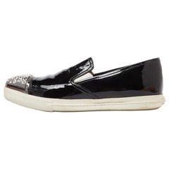 Miu Miu Black Patent Leather Crystals Embellished Slip On Loafers Size 38