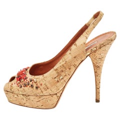 Oscar De La Renta Brown Cork Embellished Slingback Platform Pumps Size 37.5