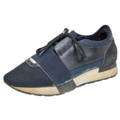 Balenciaga Black/Blue Leather And Mesh Race Runner Sneakers Size 38