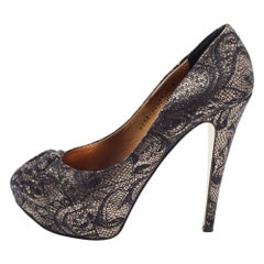 Gina Black/Silver Brocade Fabric Pumps High Heel Platform Size 39.5