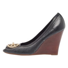 Tory Burch Black Leather Wedge  Pumps Size 38