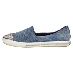Miu Miu Blue Denim Crystals Embellished Slip On Loafers Size 38.5
