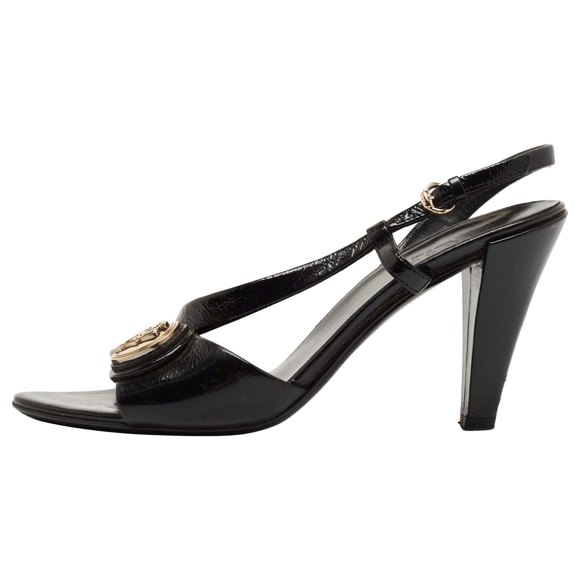 Gucci Black Patent Leather Hysteria Slingback Sandals Size 36.5 For Sale