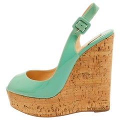 Christian Louboutin Green Patent Leather Une Plume Cork Wedge Sandals Size 37.5