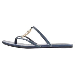 Gucci Blue Leather GG Cage Flat Thong Sandals Size 37
