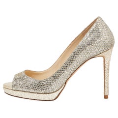 Jimmy Choo Gold Glitter Peep Toe Dahlia Pumps Size 35.5