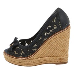 Tory Burch Black Leather Wedge Espadrille Pumps Size 36.5
