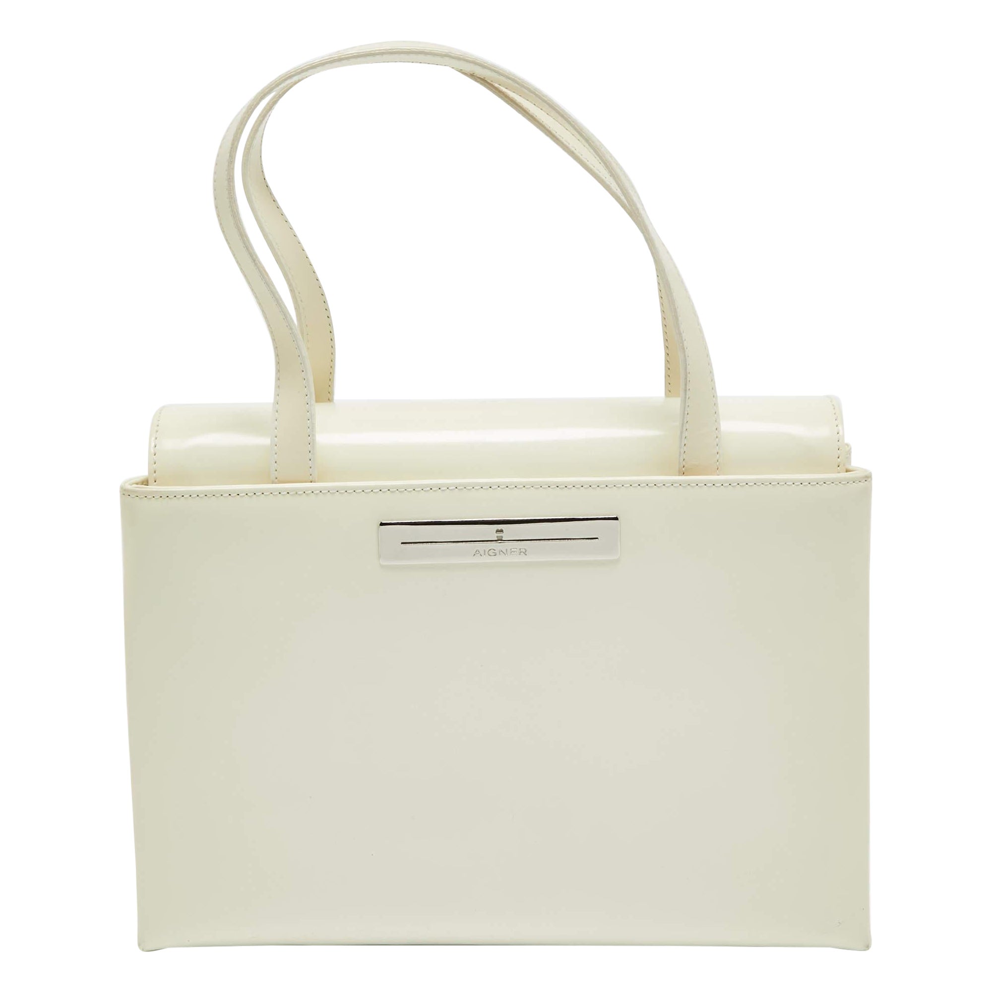 Aigner White Patent Leather Logo Flap Tote