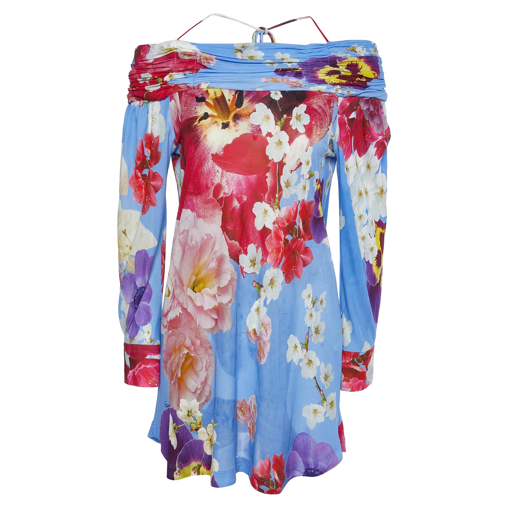 Roberto Cavalli Blue Floral Print Knit Off-The-Shoulder Top M For Sale