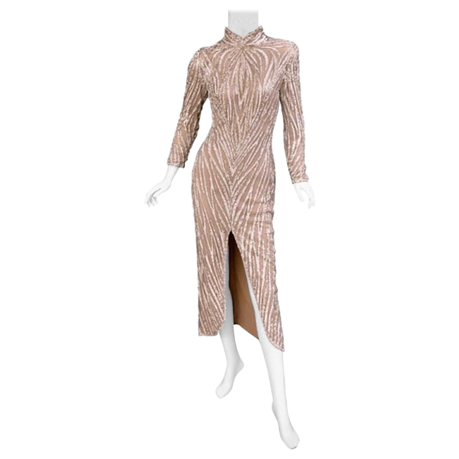 Vintage Bob Mackie Nude Pearl Beaded Dress Gown, 1980s For Sale