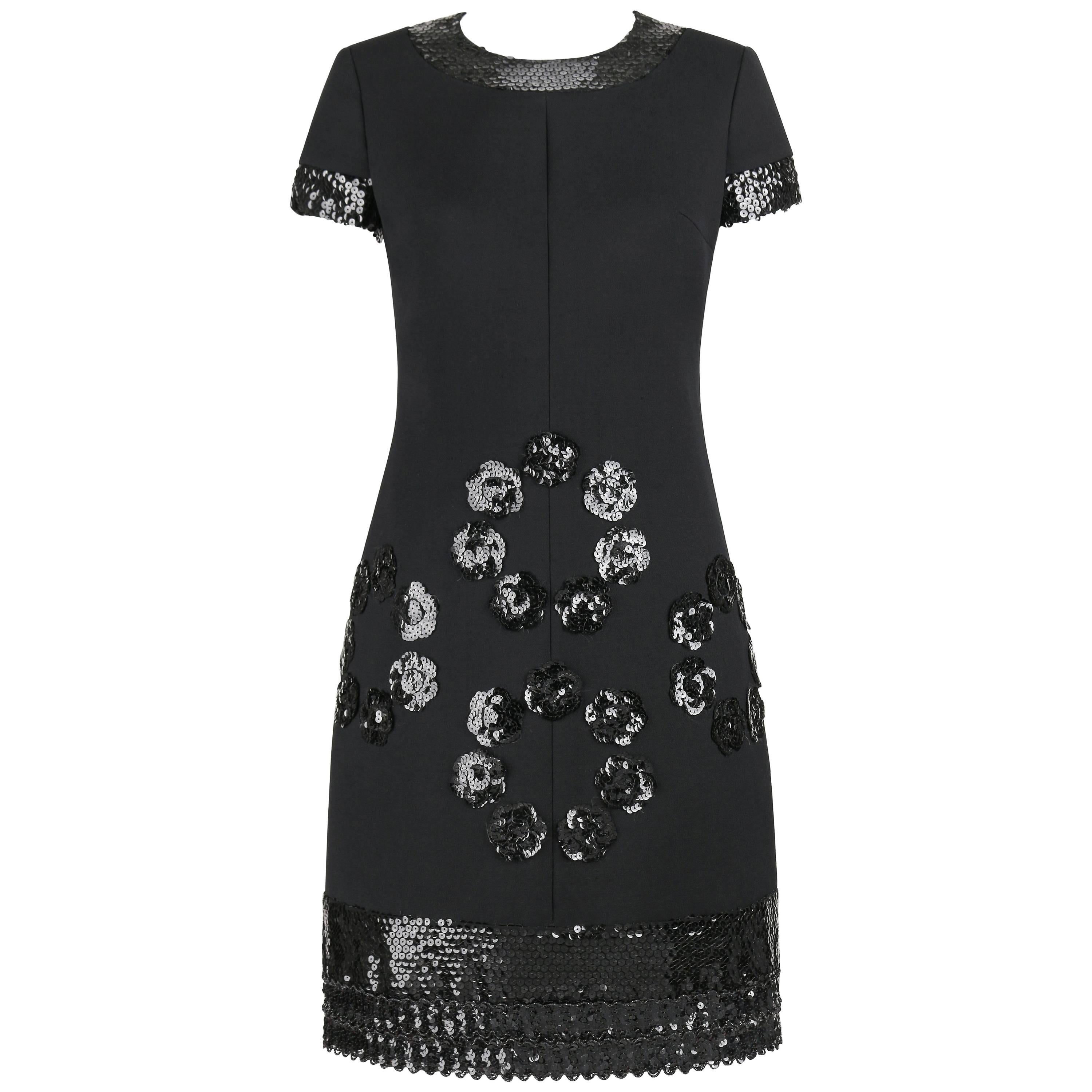 JEAN PATOU c.1960's KARL LAGERFELD Black Sequin Camellia Flower Cocktail Dress For Sale