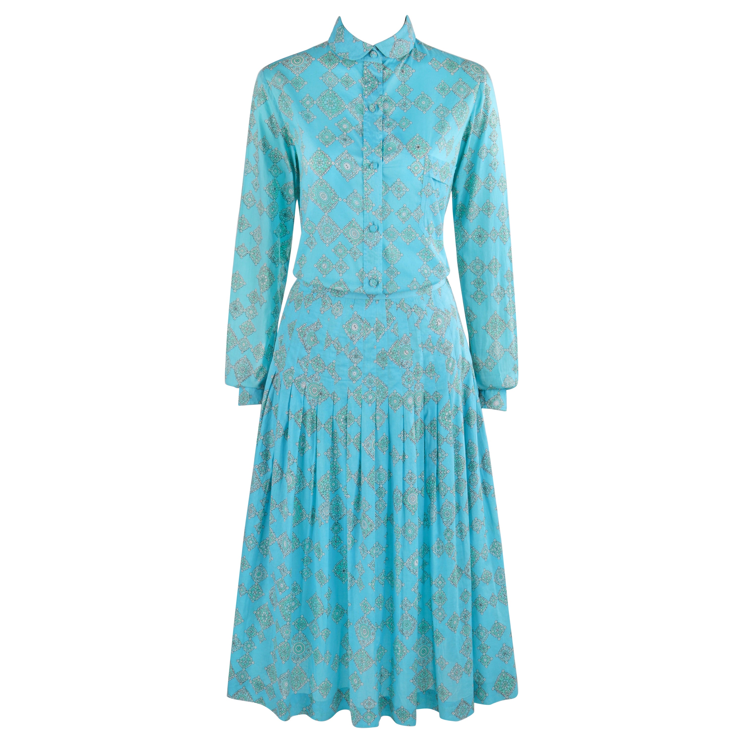 EMILIO PUCCI c.1970's Aqua Teal Printed Cotton Shirt & Pleated Skirt Dress Set For Sale