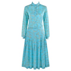 EMILIO PUCCI c.1970's Aqua Teal Printed Cotton Shirt & Pleated Skirt Dress Set