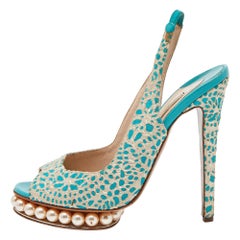 Used Nicholas Kirkwood Blue/White Textured Suede Pearl Slingback Sandals Size 39