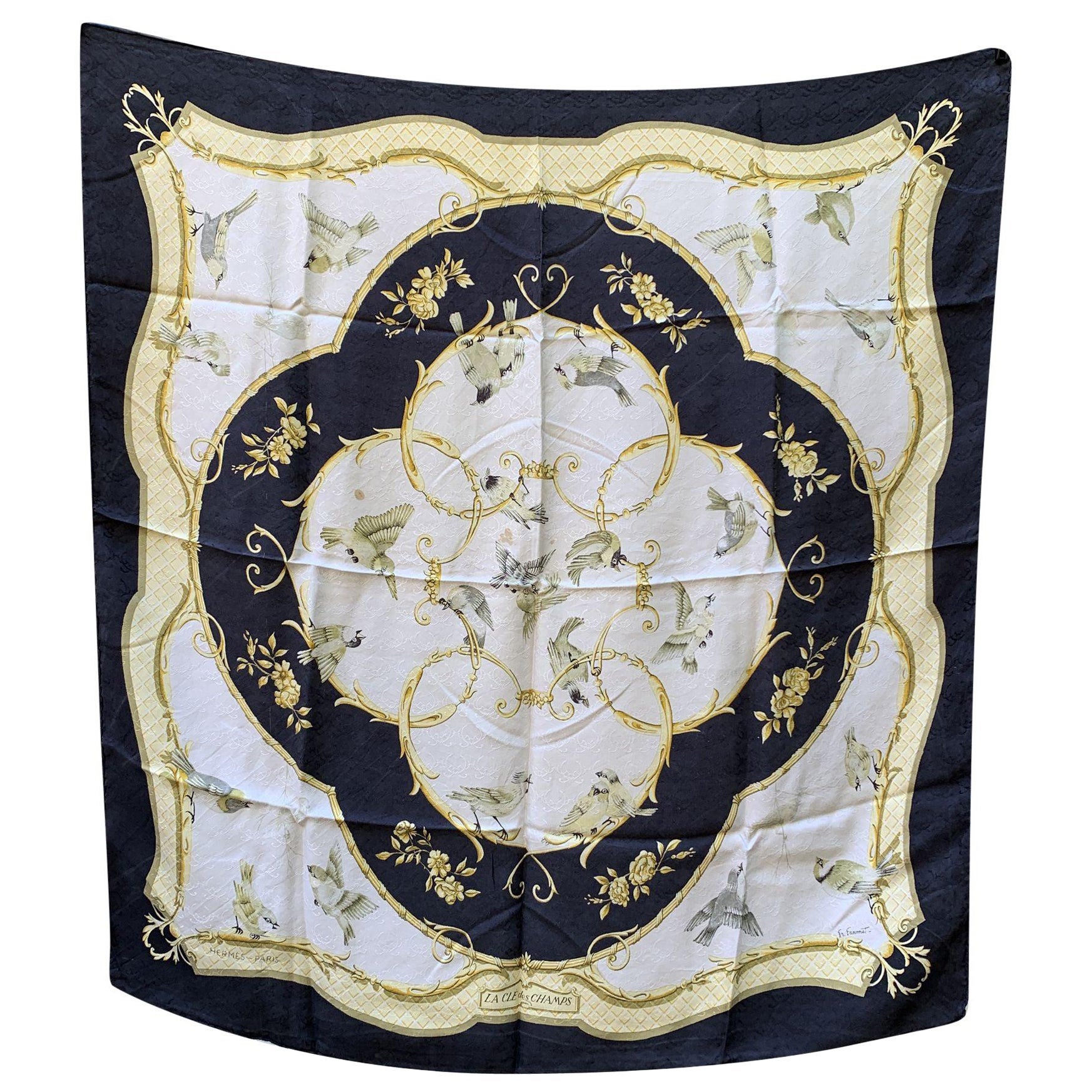 Hermes White Jacquard Silk Scarf La Cle Des Champs 1965 Faconnet For Sale