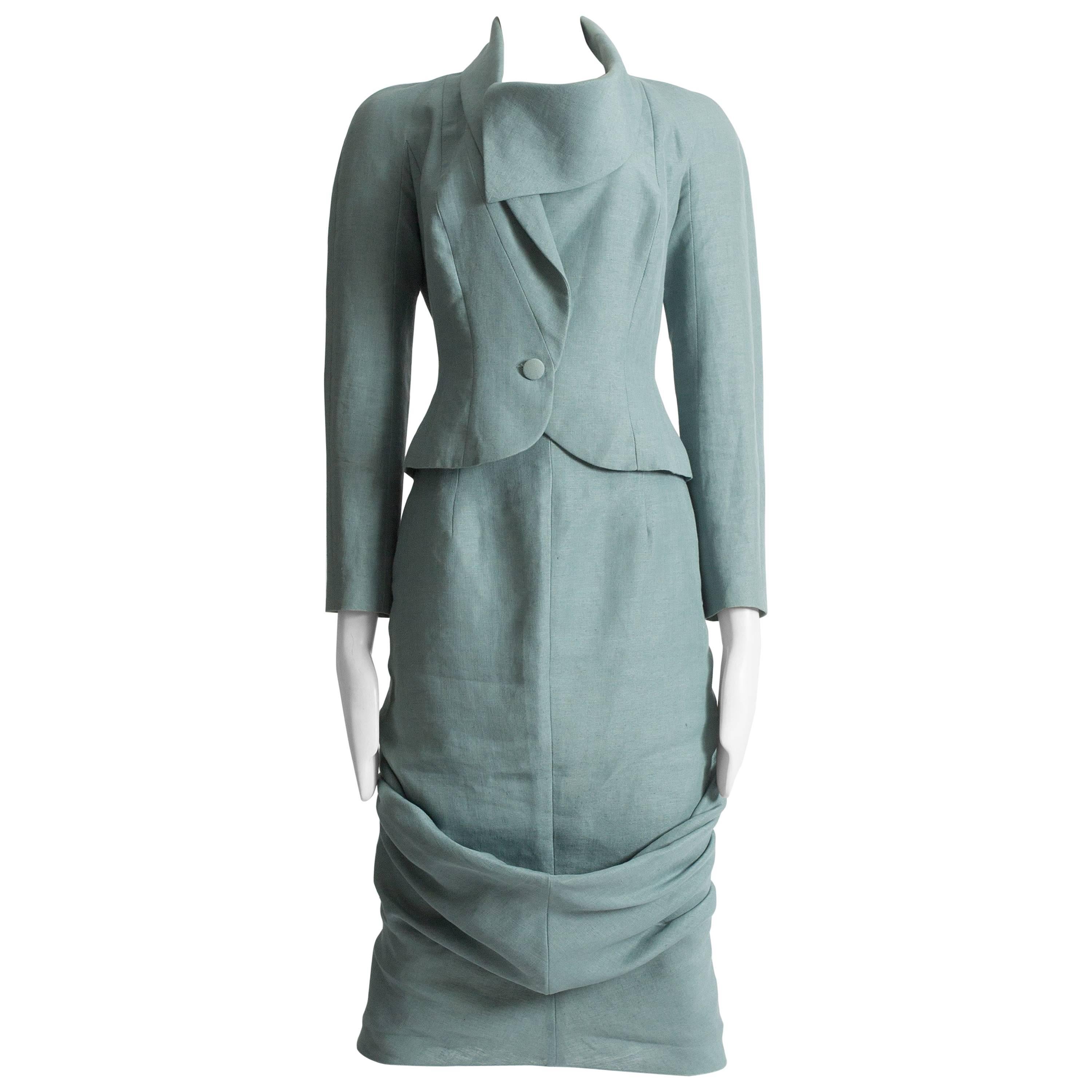 John Galliano teal linen jacket and draped skirt suit, ss 1999