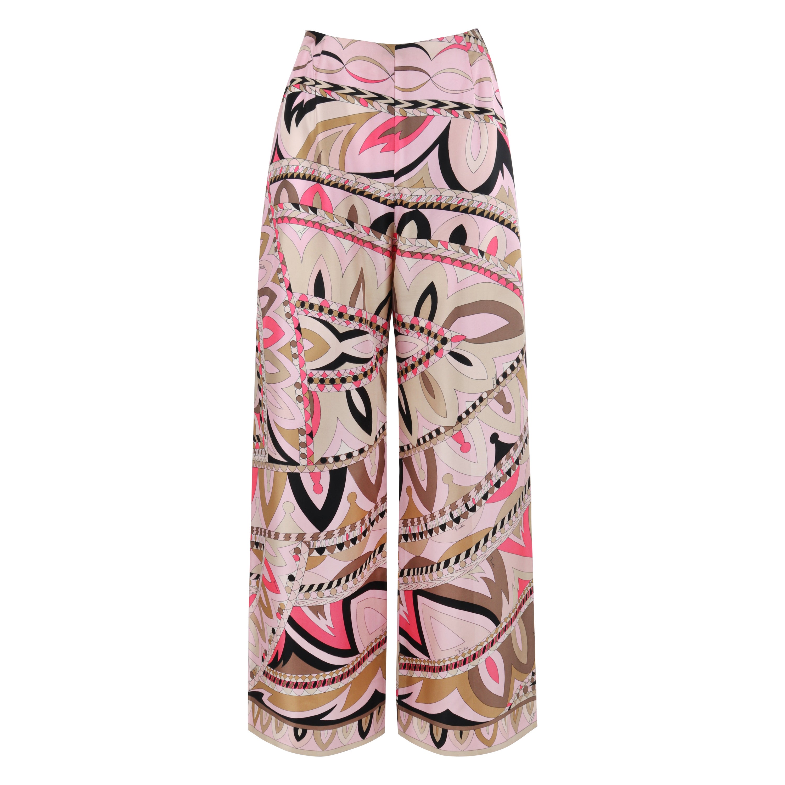 EMILIO PUCCI c.1960's Pink Multicolor Silk Op Art Wide Leg Trousers Pants For Sale