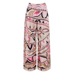 EMILIO PUCCI c.1960's Pink Multicolor Silk Op Art Wide Leg Trousers Pants