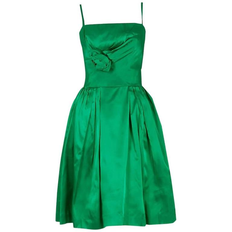 1950's Elegant Emerald-Green Satin Sculpted Rose Applique Dress and ...