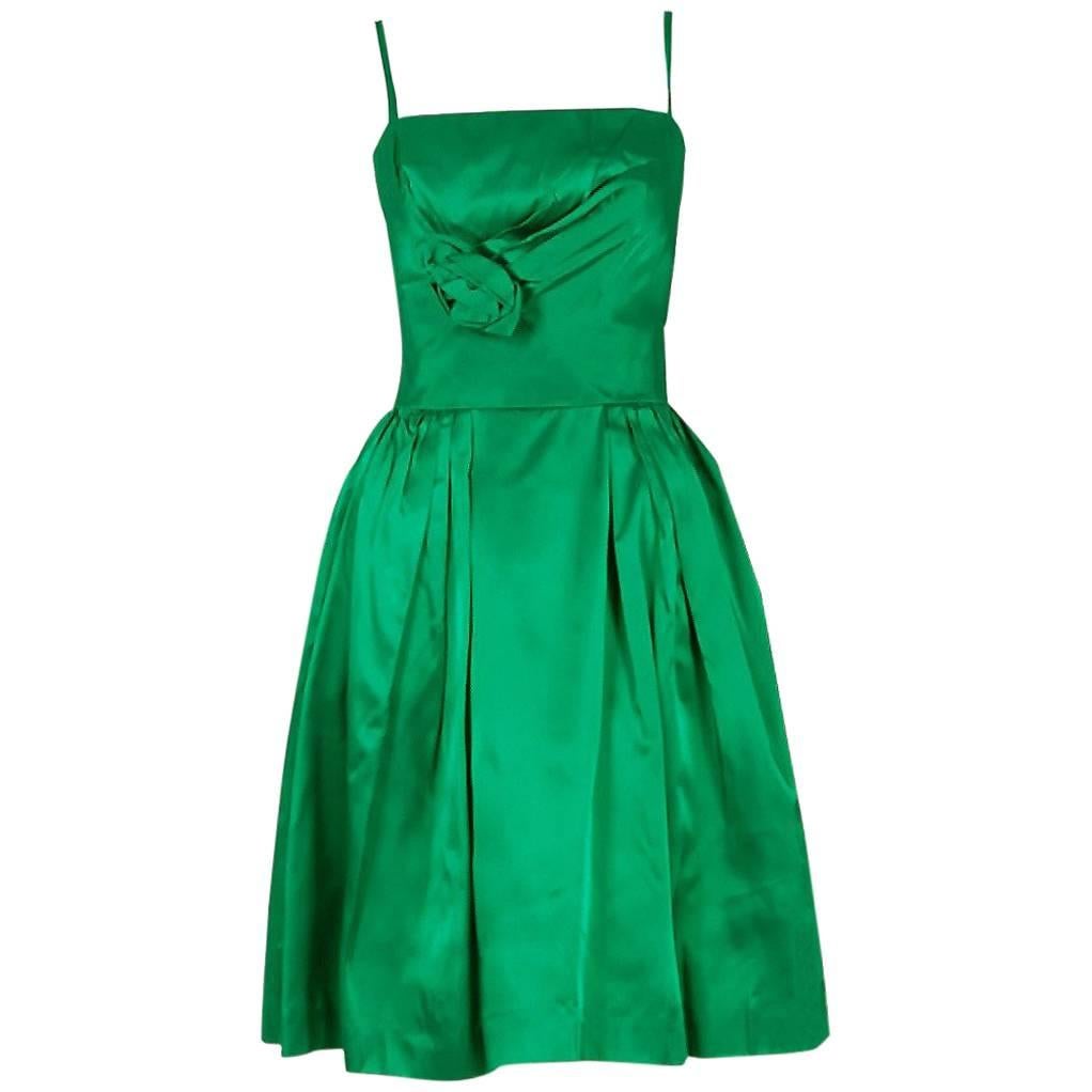 Emerald Green Satin Sculpted Rose Applique Dress and Matching Coat, 1950s