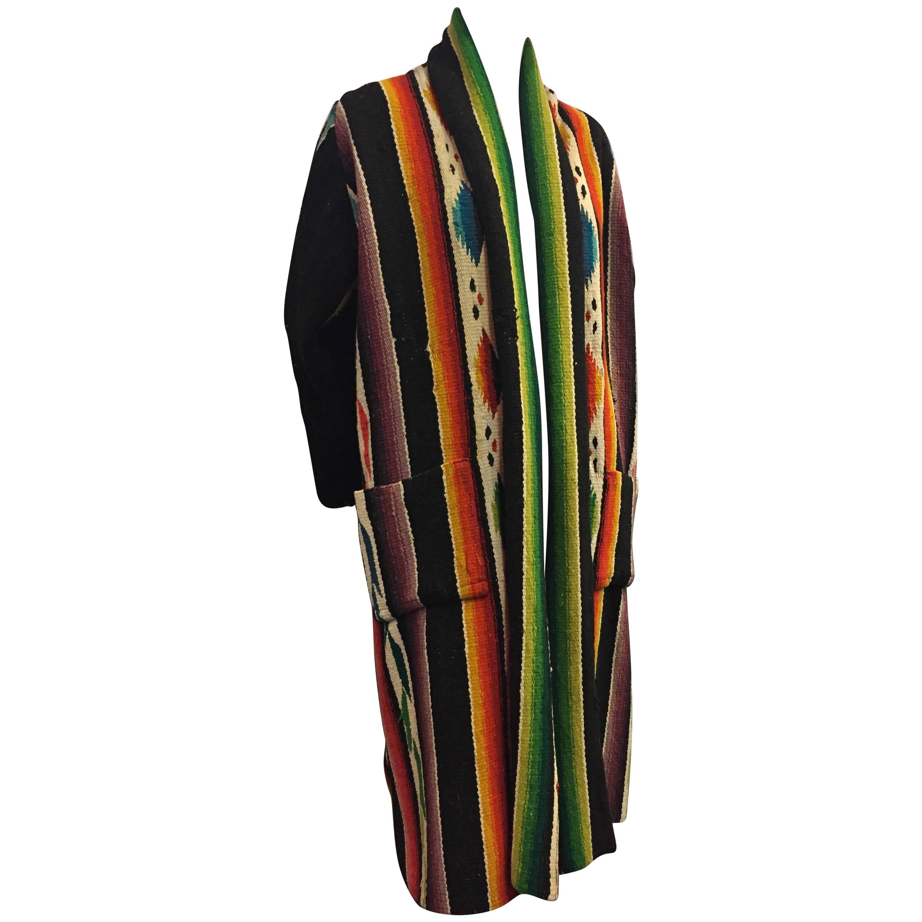 1940s Vivid Hand-Woven Wool Chimayo Robe-Style Duster w Patch Pockets 