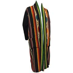 Vintage 1940s Vivid Hand-Woven Wool Chimayo Robe-Style Duster w Patch Pockets 