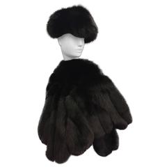 Retro Luxurious 1960s Scalloped-Hem Black Fox Stole w/ Coordinating Halston Fox Hat