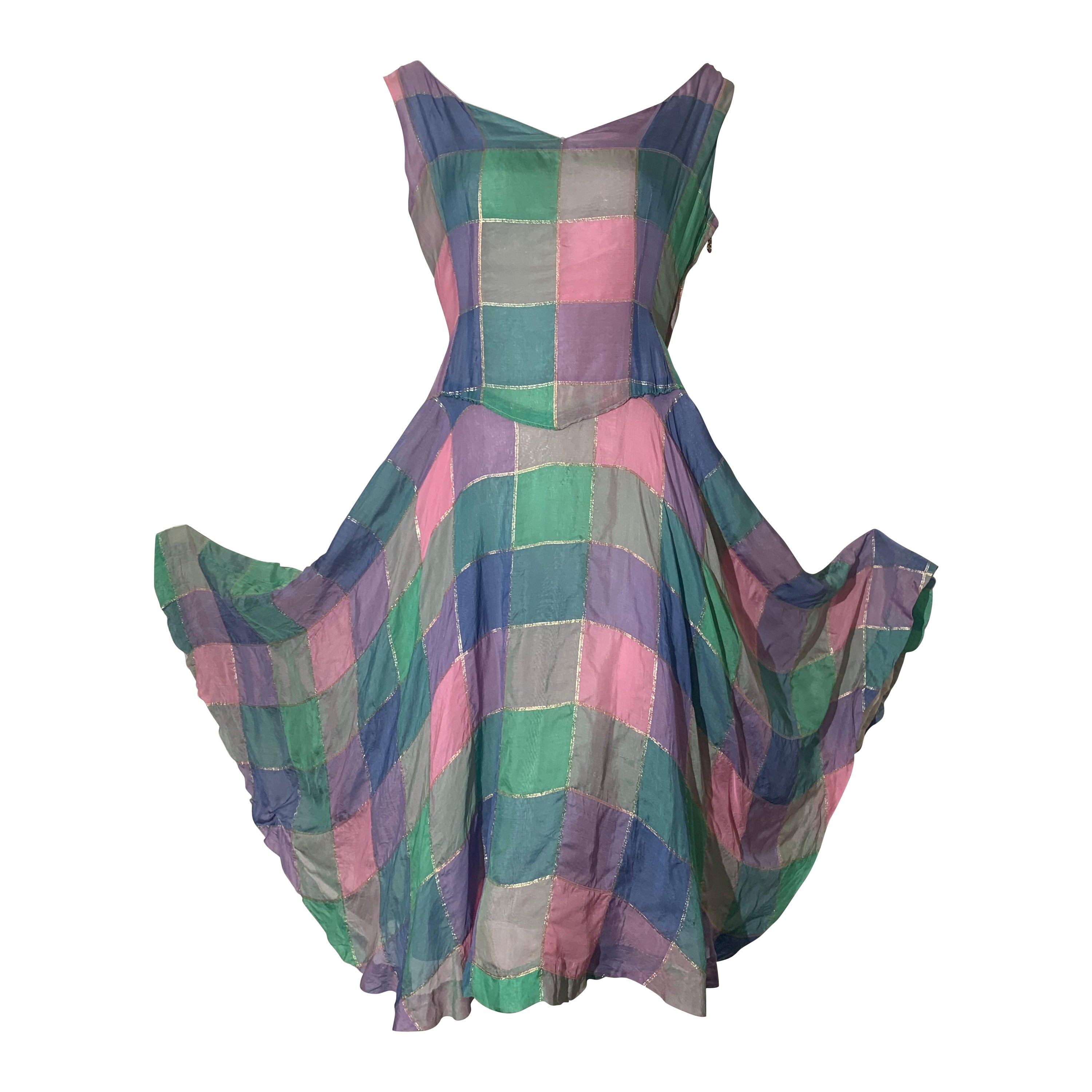 1950s Soft Flowing Plaid Silk Organza Dress in Pink Blue & Teal