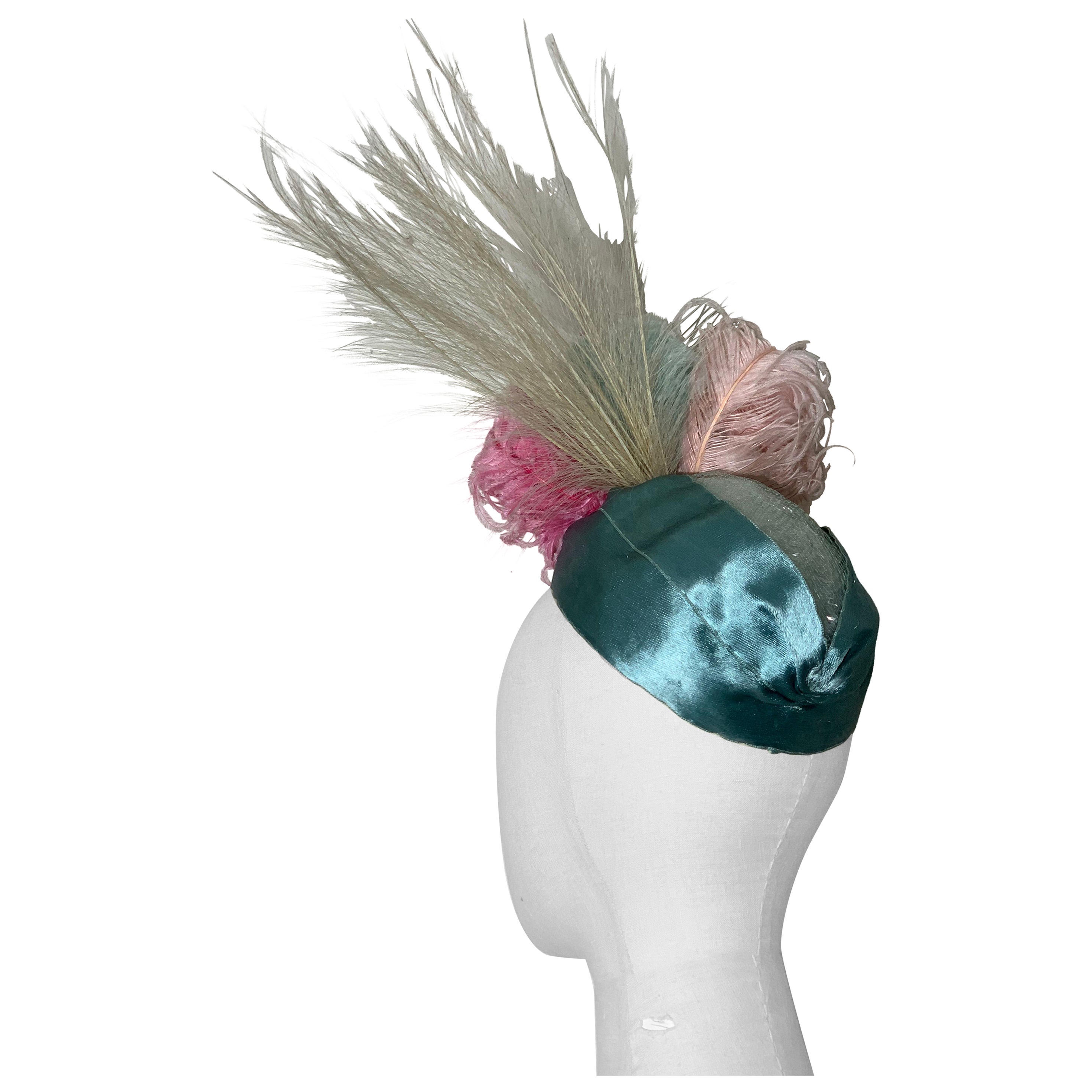 1930s Eloise Robins Egg Blue Silk Panne Velvet & Tulle Hat w Spectacular Feather For Sale
