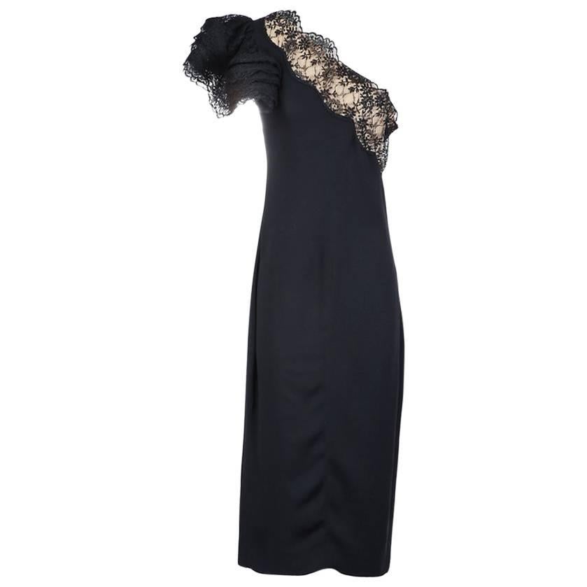 Bill Blass One Shoulder Cocktail Dress with Lace Detail circa 1980s