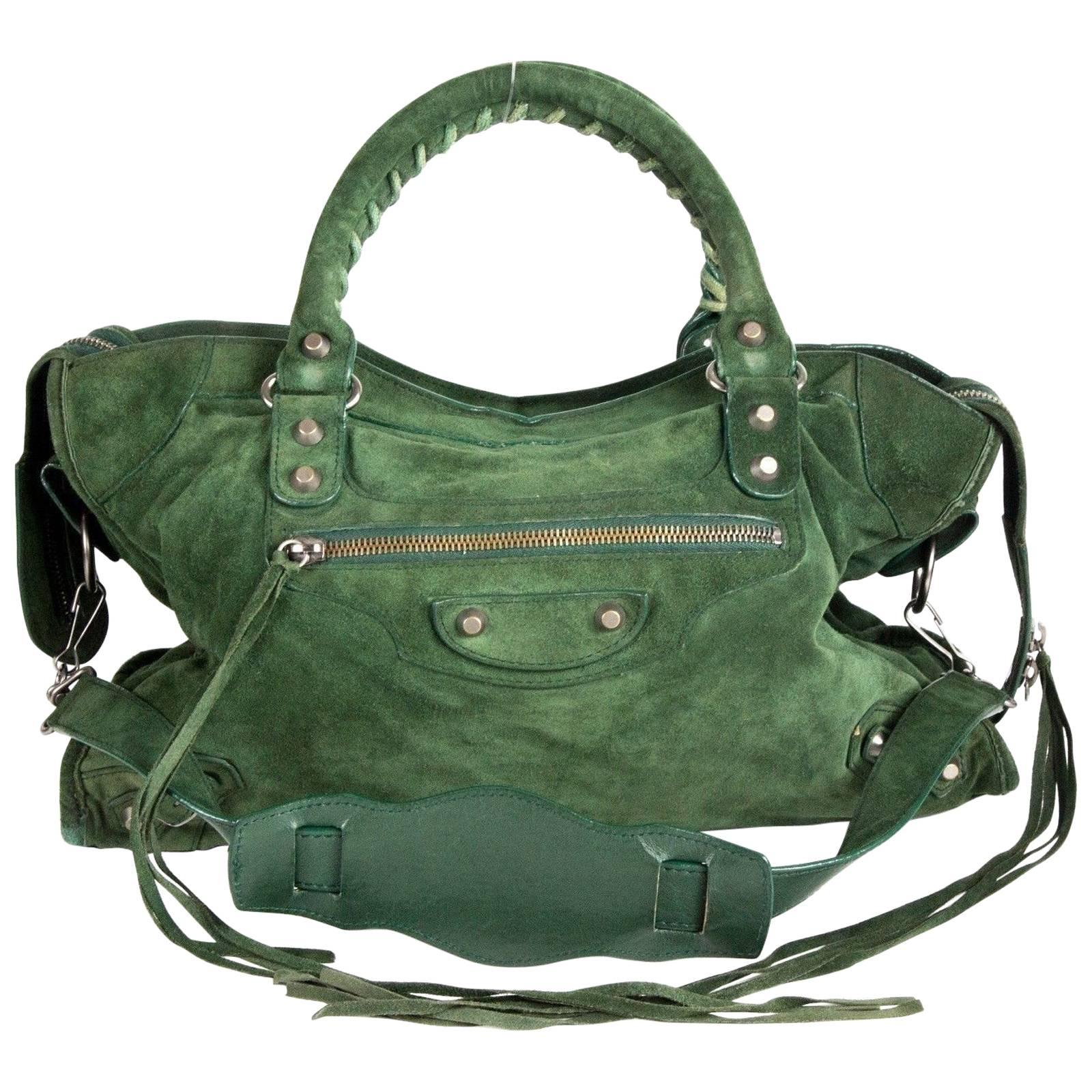 Balenciaga Shoulder Bag - Green Suede Zipper Stud Fringe Tassel City Handbag