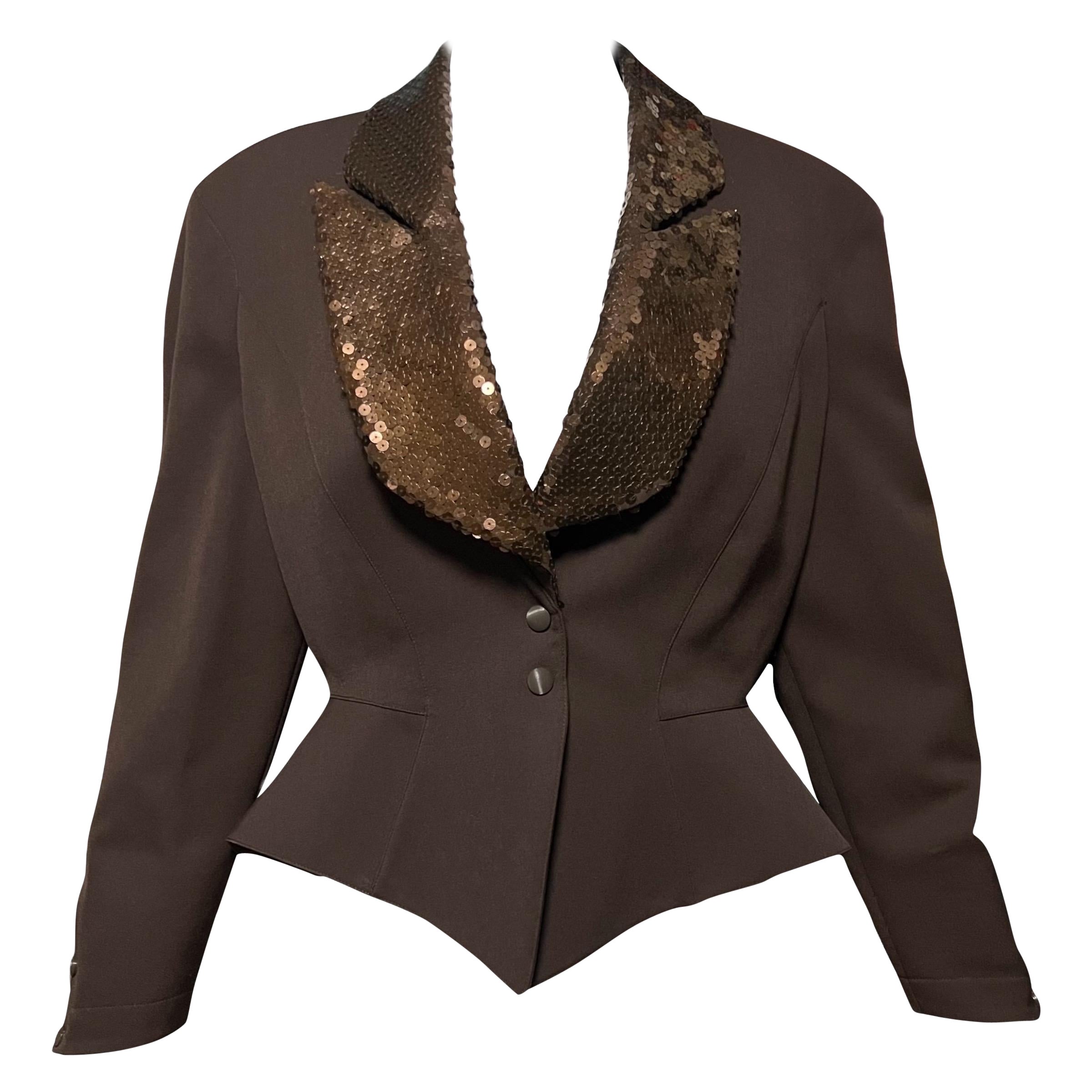 1990’s Thierry Mugler Brown Sequin Wool Jacket For Sale