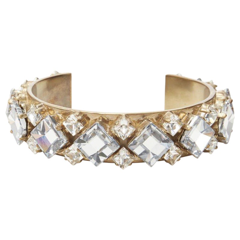 CHRISTIAN DIOR light blue clear square crystal jewel gold-tone cuff bangle M For Sale