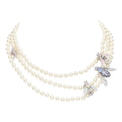 Rare CHANEL 16B blue pink insect crystal charms trio pearl princess necklace