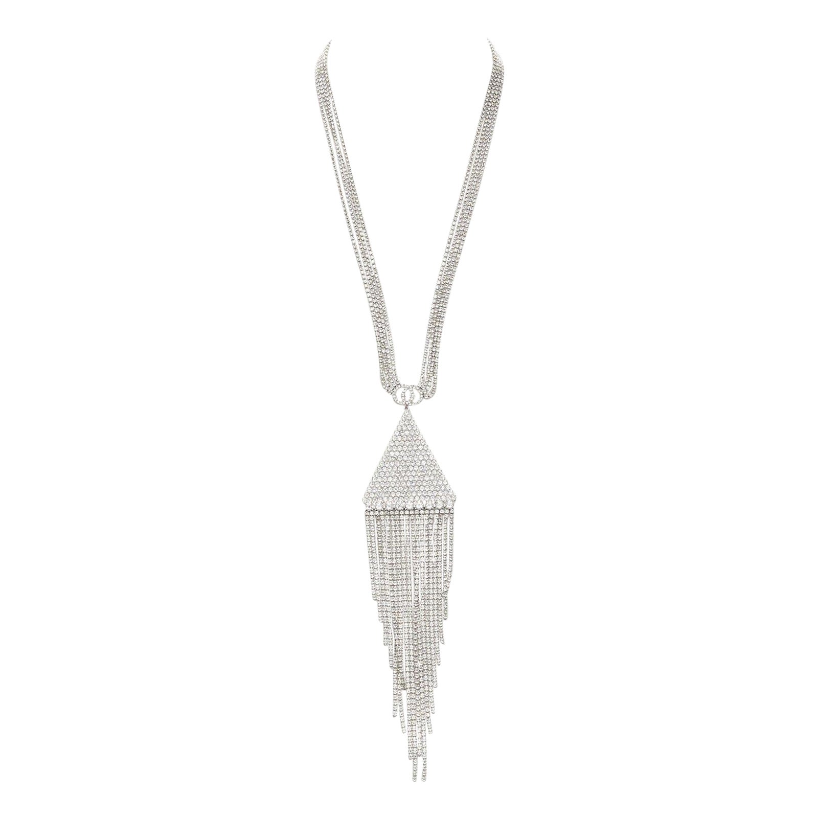 Rare GUCCI ALESSANDRO MICHELE silver crystal GG triangle tassel necklace
