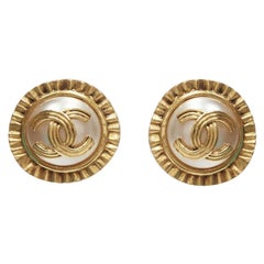 CHANEL Vintage 94A gold tone faux pearl CC logo clip on earring pair
