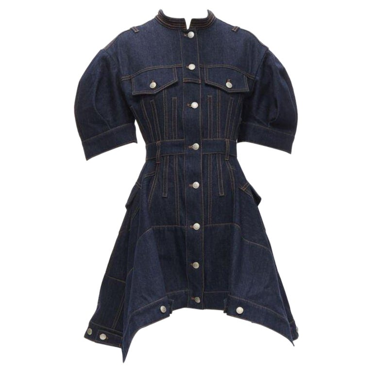ALEXANDER MCQUEEN 2022 indigo blue denim corset rounded sleeve dress IT38 XS For Sale