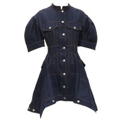 ALEXANDER MCQUEEN 2022 indigo blue denim corset rounded sleeve dress IT38 XS