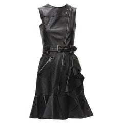 ALEXANDER MCQUEEN 2022 vestido negro de cuero con cinturón y ribete de volantes IT38 XS